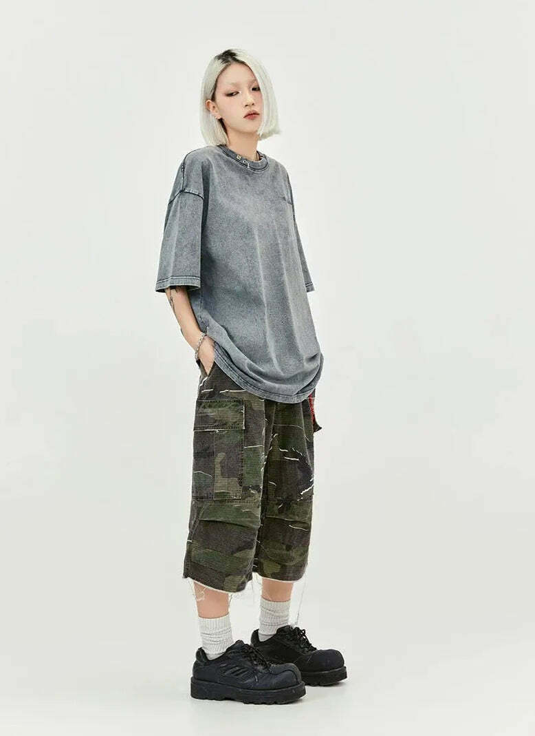 Y2K Acid Wash Collar T-Shirt - Coquette Aesthetic Grunge Style