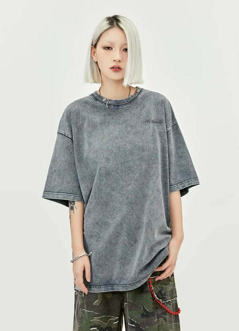 Y2K Acid Wash Collar T-Shirt - Coquette Aesthetic Grunge Style