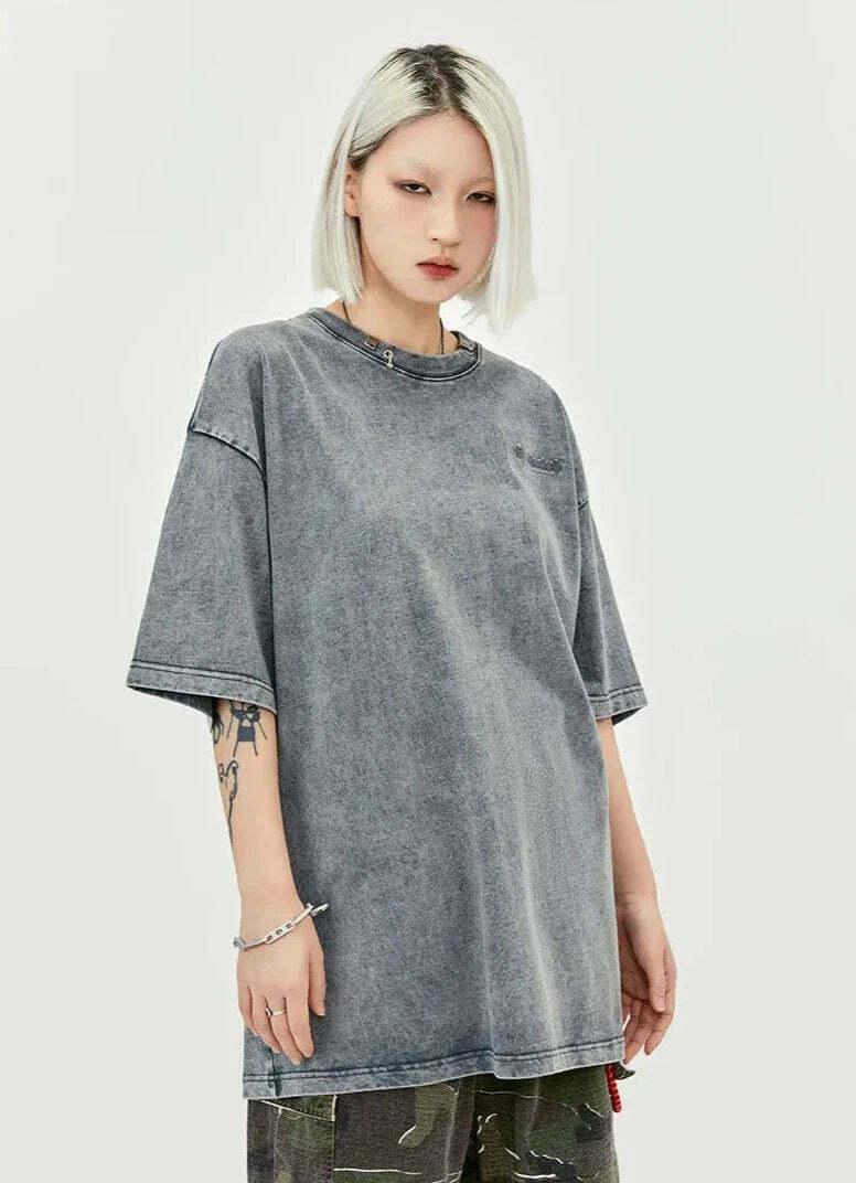 Y2K Acid Wash Collar T-Shirt - Coquette Aesthetic Grunge Style