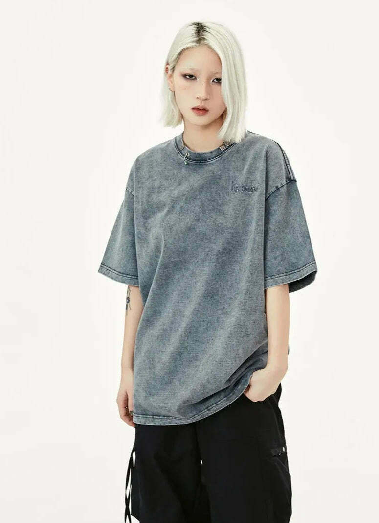 Y2K Acid Wash Collar T-Shirt - Coquette Aesthetic Grunge Style