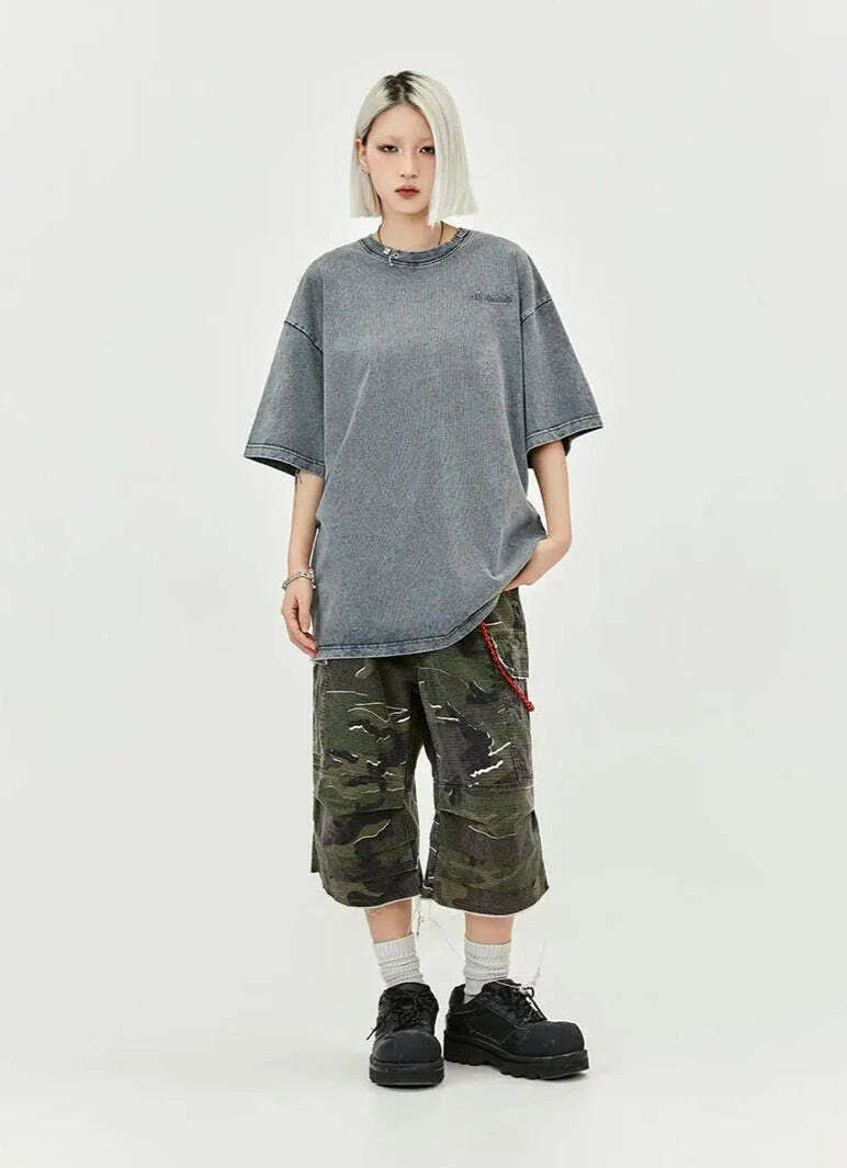 Y2K Acid Wash Collar T-Shirt - Coquette Aesthetic Grunge Style