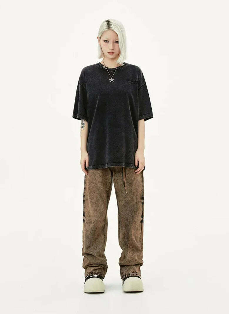 Y2K Acid Wash Collar T-Shirt - Coquette Aesthetic Grunge Style