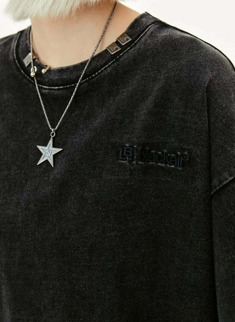 Y2K Acid Wash Collar T-Shirt - Coquette Aesthetic Grunge Style