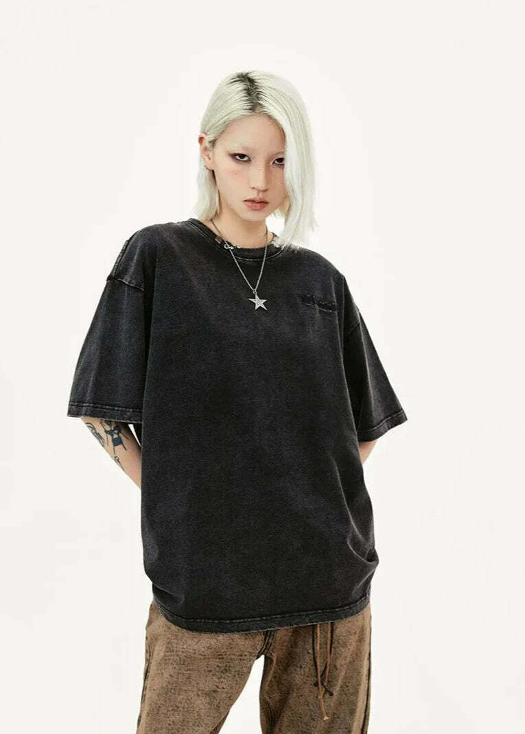 Y2K Acid Wash Collar T-Shirt - Coquette Aesthetic Grunge Style