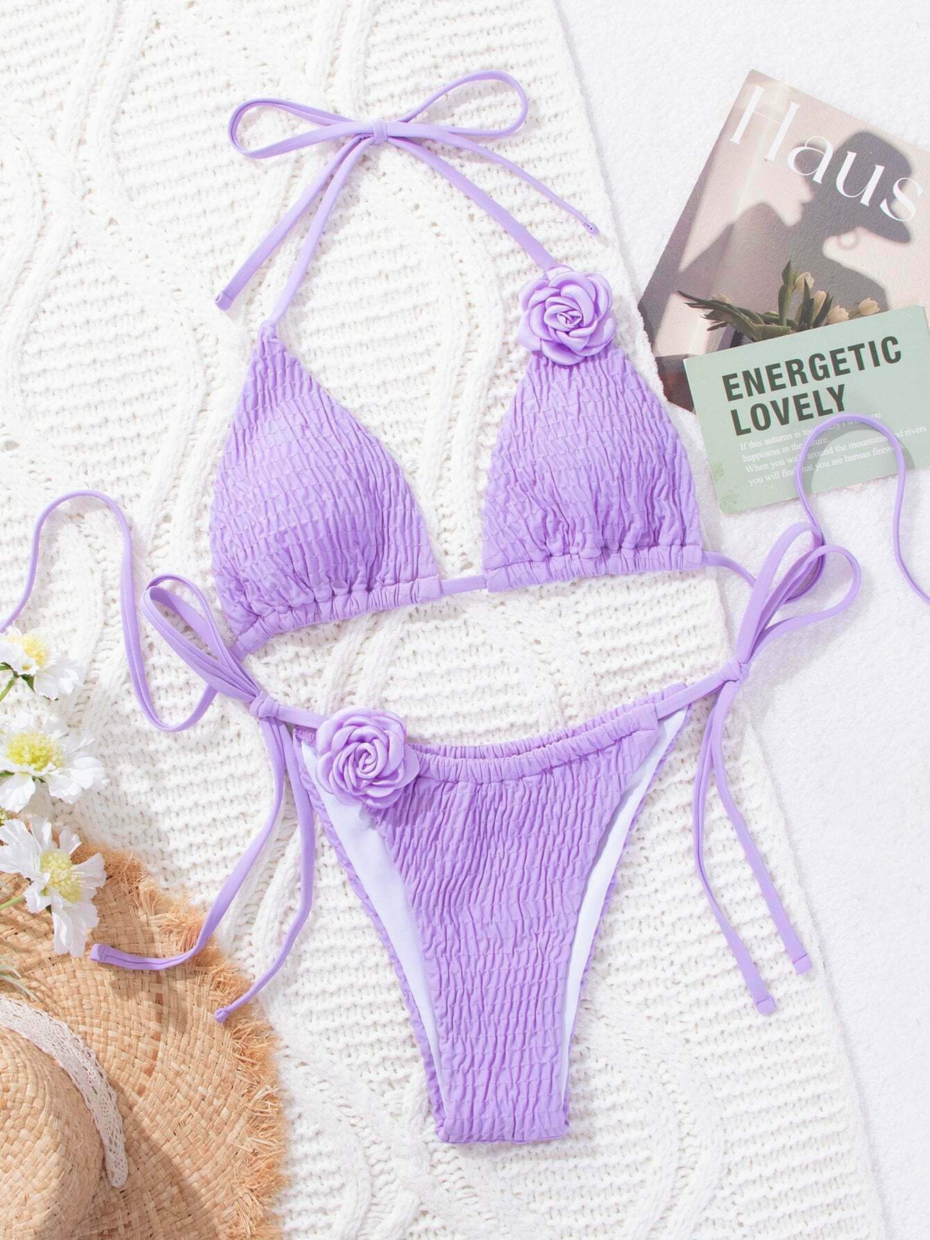 Y2K Aesthetic 3D Flower Two Piece Bikini for Niche Women Fashion