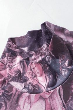 Y2K Aesthetic All Over Print Mock Neck Long Sleeve Tee for Women - Coquette & Grunge Style Fashion