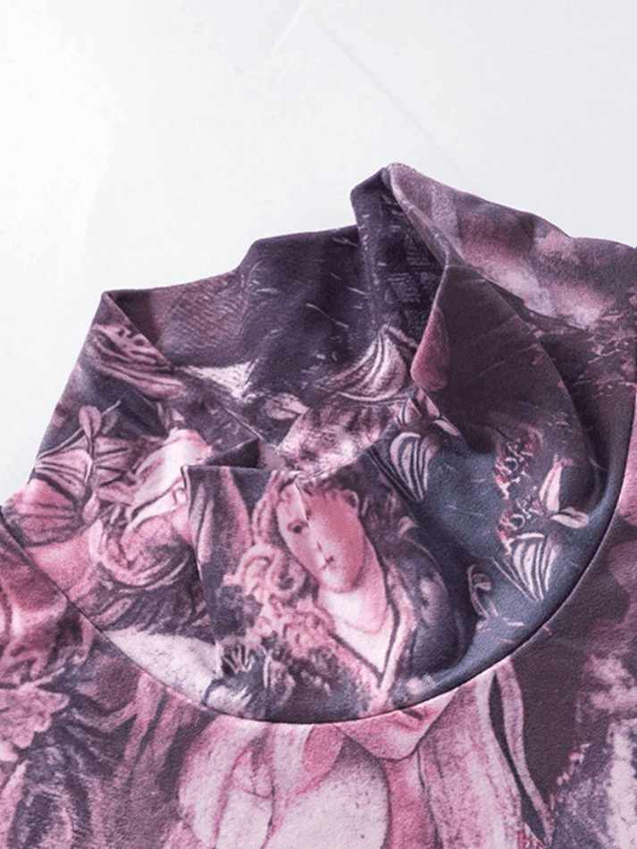 Y2K Aesthetic All Over Print Mock Neck Long Sleeve Tee for Women - Coquette & Grunge Style Fashion