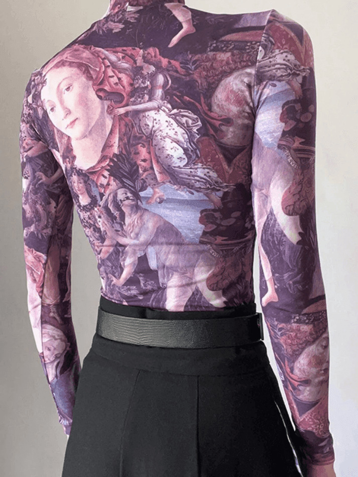 Y2K Aesthetic All Over Print Mock Neck Long Sleeve Tee for Women - Coquette & Grunge Style Fashion