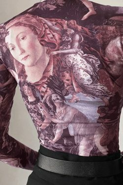 Y2K Aesthetic All Over Print Mock Neck Long Sleeve Tee for Women - Coquette & Grunge Style Fashion