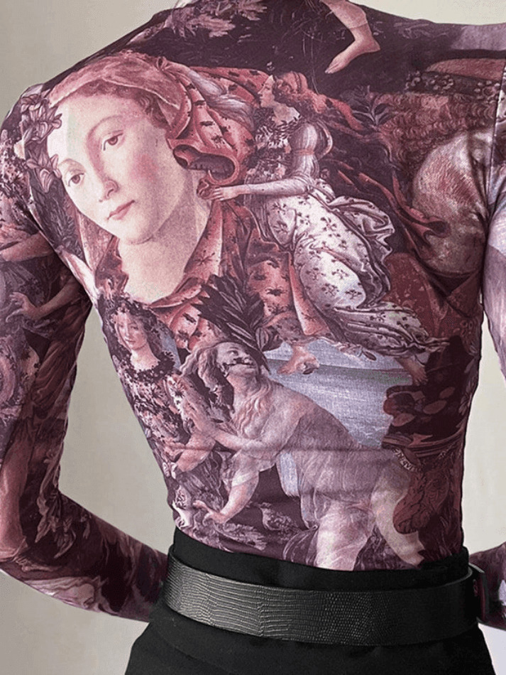 Y2K Aesthetic All Over Print Mock Neck Long Sleeve Tee for Women - Coquette & Grunge Style Fashion
