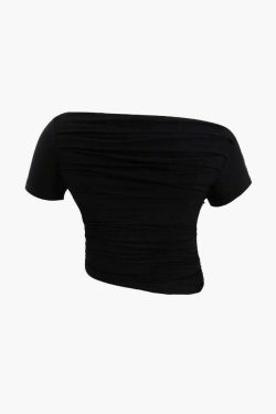 Y2K Aesthetic Asymmetric Ruched Front T-Shirt for Women - Coquette & Grunge Style Tops