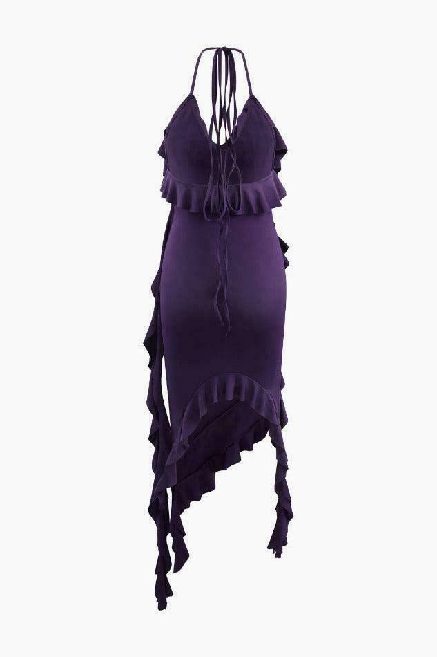 Y2K Aesthetic Asymmetric Ruffle Halter Midi Dress for Women - Coquette Style Grunge Fashion