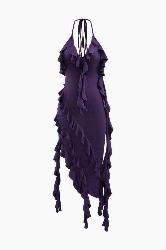Y2K Aesthetic Asymmetric Ruffle Halter Midi Dress for Women - Coquette Style Grunge Fashion