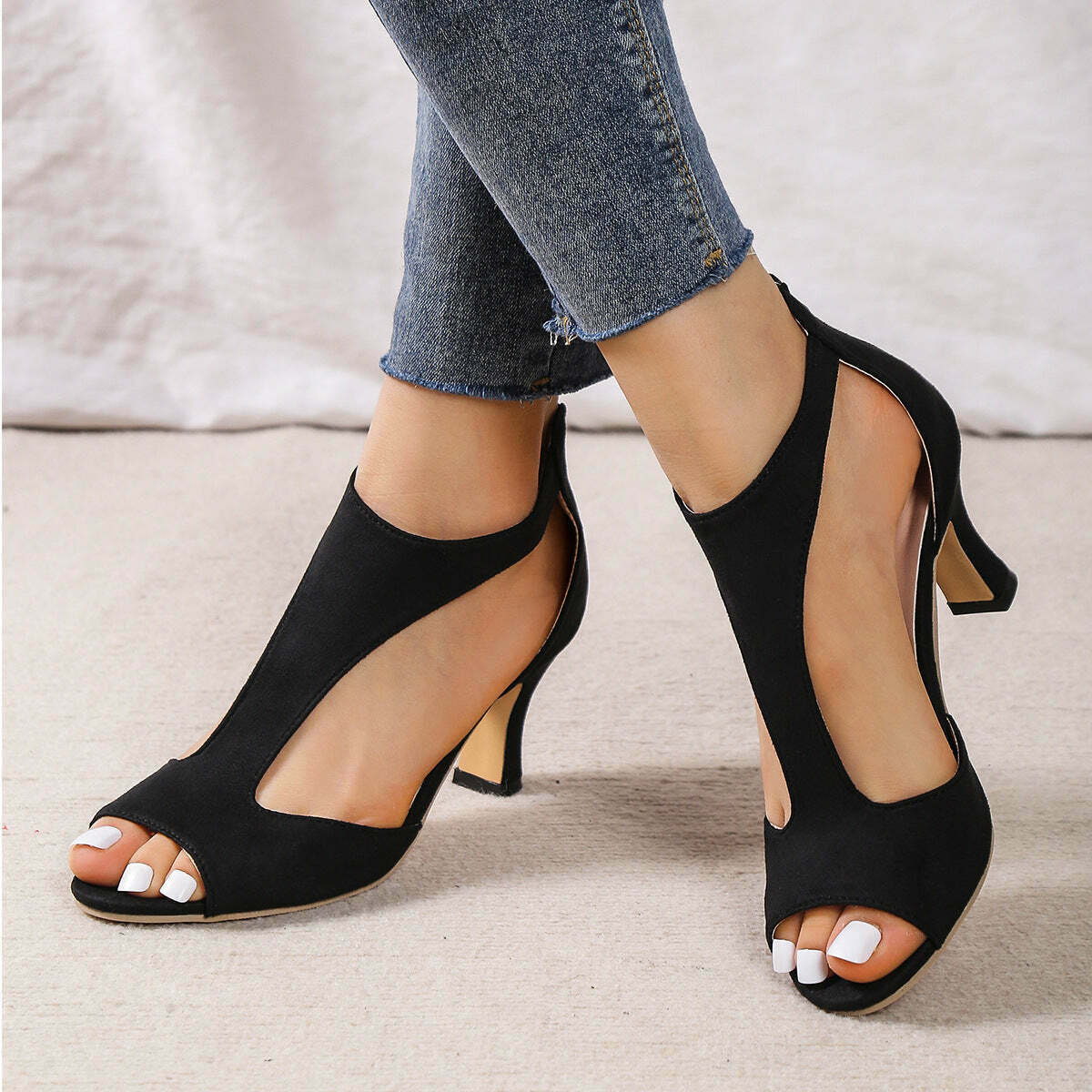 Y2K Aesthetic Back Zipper Heel Fish Mouth Shoes - Retro-cool Footwear for Your Unique Style