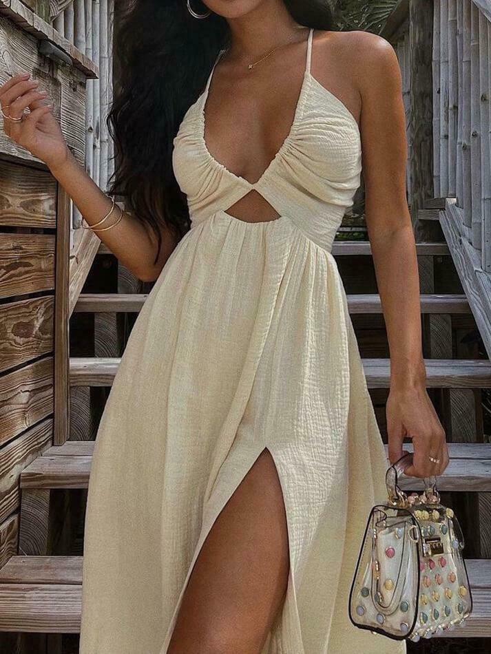 Y2K Aesthetic Backless Criss Cross Split Midi Dress for Women - Coquette Style Grunge Fashion