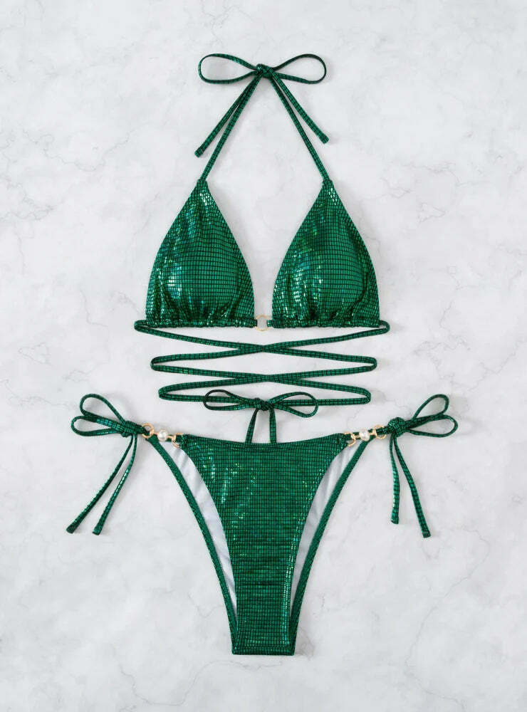 Y2K Aesthetic Backless Halter Beach Bikini - Coquette Grunge Fashion