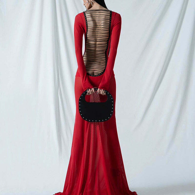 Y2K Aesthetic Backless Strappy Long-Sleeved Dress - Coquette Grunge Elegance