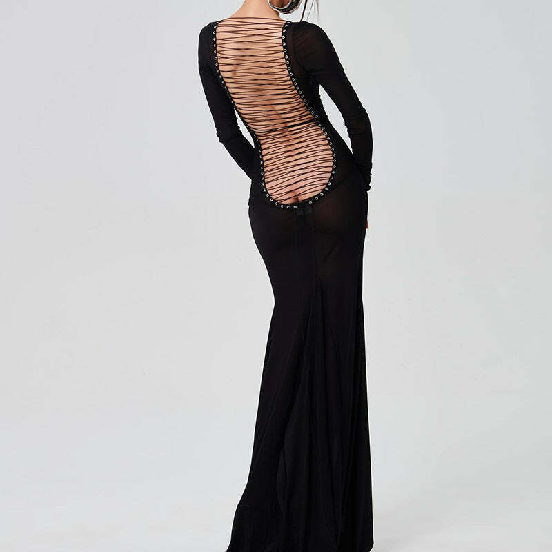Y2K Aesthetic Backless Strappy Long-Sleeved Dress - Coquette Grunge Elegance