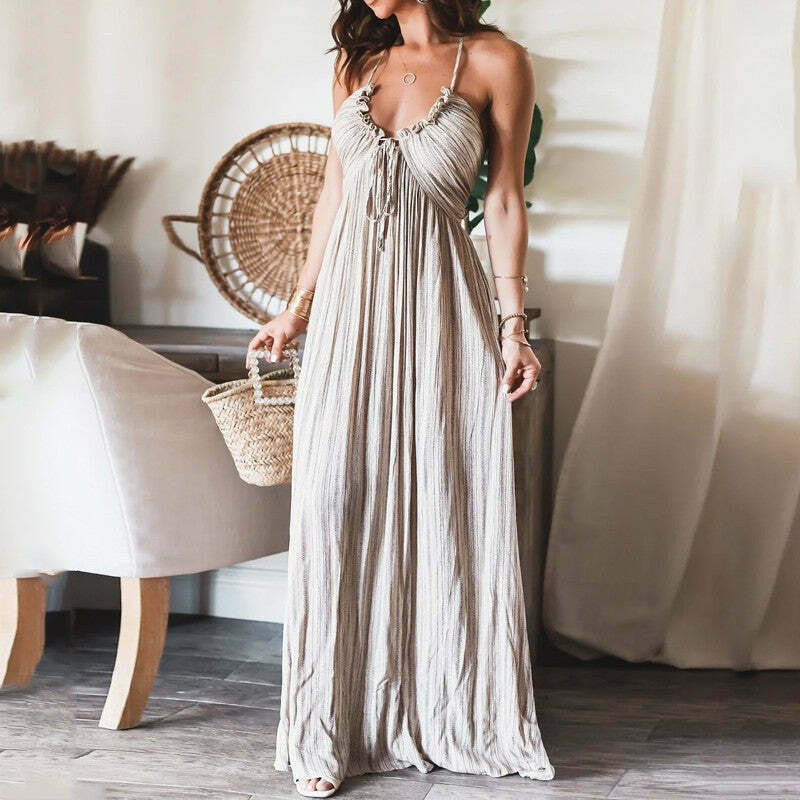 Y2K Aesthetic Backless U Neck Strap Long Dress for Women - Coquette & Grunge Style Fashion