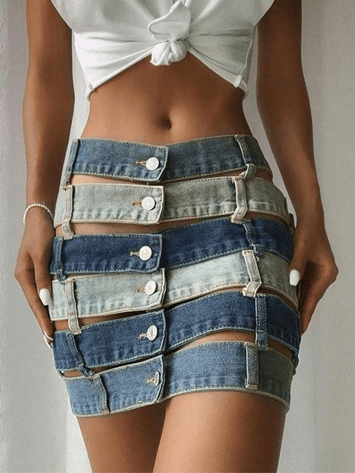 Y2K Aesthetic Bandage Cutout Denim Mini Skirt for Women - Coquette Style Grunge Fashion