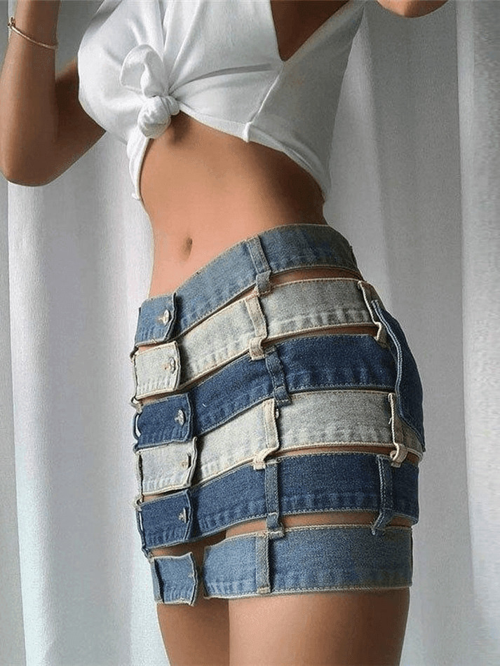 Y2K Aesthetic Bandage Cutout Denim Mini Skirt for Women - Coquette Style Grunge Fashion