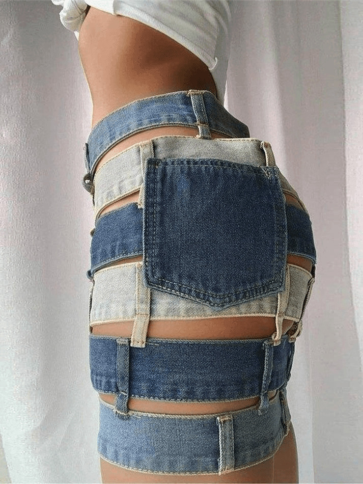 Y2K Aesthetic Bandage Cutout Denim Mini Skirt for Women - Coquette Style Grunge Fashion