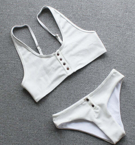 Y2K Aesthetic Black & White Ribbed Texture Bikini Set with Buttons - Coquette Style