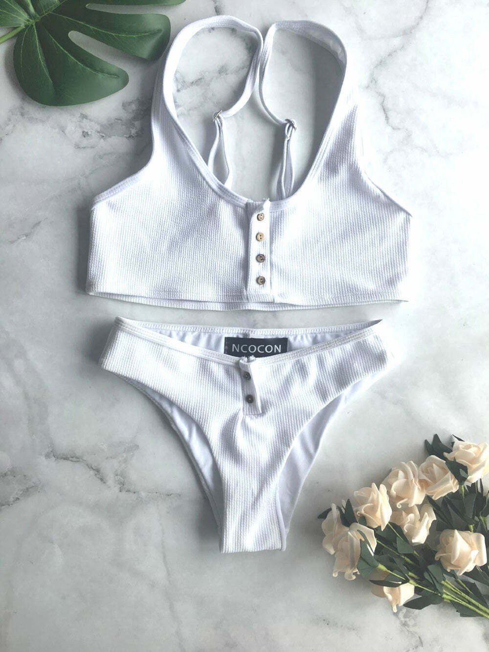 Y2K Aesthetic Black & White Ribbed Texture Bikini Set with Buttons - Coquette Style