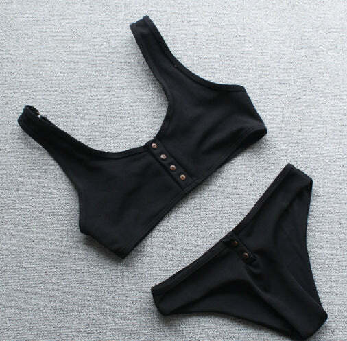 Y2K Aesthetic Black & White Ribbed Texture Bikini Set with Buttons - Coquette Style