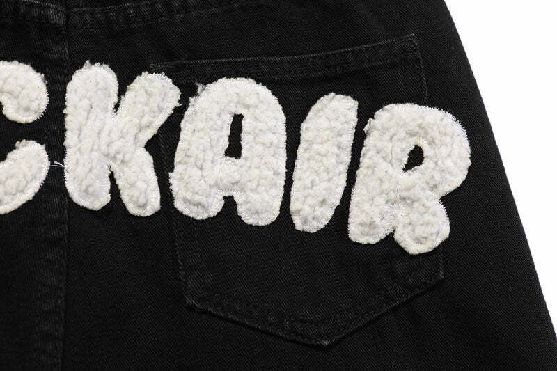 Y2K Aesthetic Black Air Skull and Star Applique Jeans - Coquette Grunge Fashion for Women
