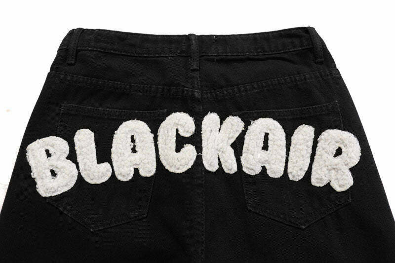 Y2K Aesthetic Black Air Skull and Star Applique Jeans - Coquette Grunge Fashion for Women