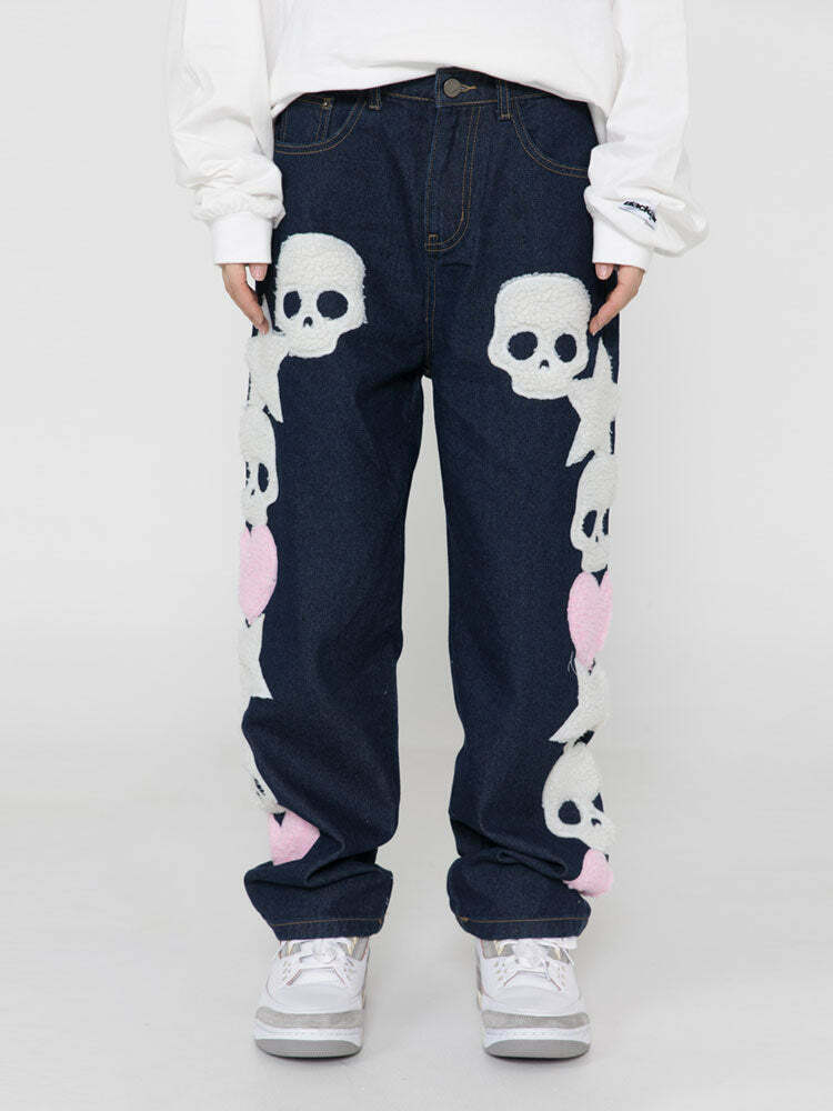 Y2K Aesthetic Black Air Skull and Star Applique Jeans - Coquette Grunge Fashion for Women