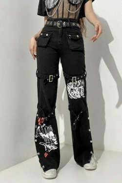 Y2K Aesthetic Black Buckle Cargo Pants - Grunge Style Women's Fashion
