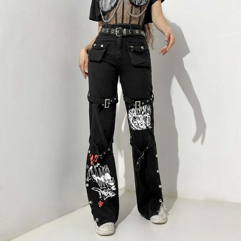 Y2K Aesthetic Black Buckle Cargo Pants - Grunge Style Women's Fashion