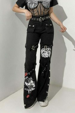 Y2K Aesthetic Black Buckle Cargo Pants - Grunge Style Women's Fashion