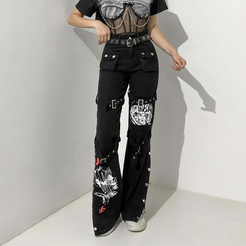 Y2K Aesthetic Black Buckle Cargo Pants - Grunge Style Women's Fashion