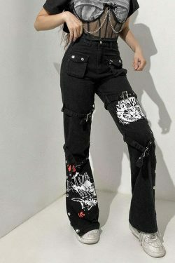 Y2K Aesthetic Black Buckle Cargo Pants - Grunge Style Women's Fashion