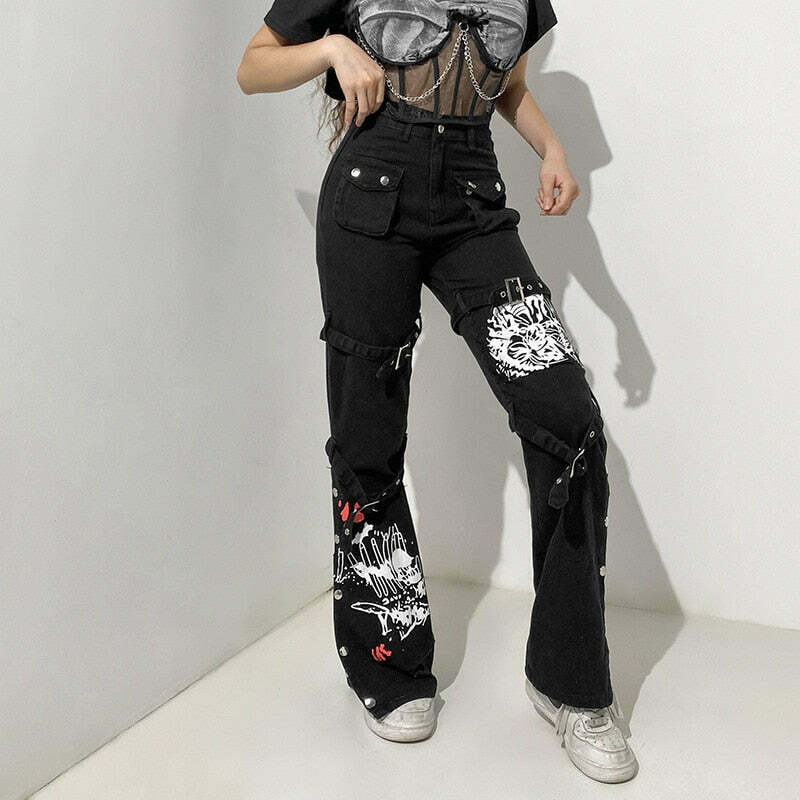 Y2K Aesthetic Black Buckle Cargo Pants - Grunge Style Women's Fashion
