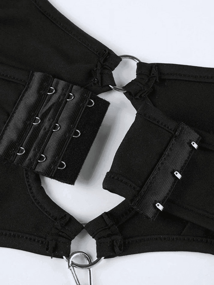 Y2K Aesthetic Black Cami Bodysuit with O-Ring Cutout - Coquette Style Grunge Fashion