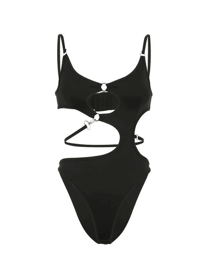 Y2K Aesthetic Black Cami Bodysuit with O-Ring Cutout - Coquette Style Grunge Fashion