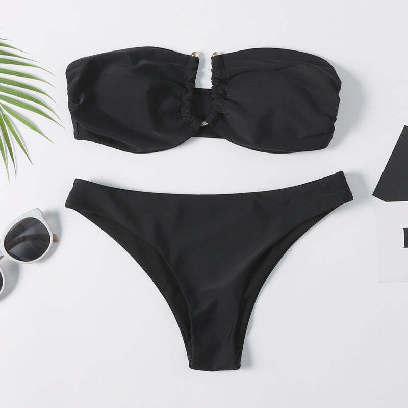 Y2K Aesthetic Black Cut Out Bandeau Bikini - Retro Style Swimwear for Women