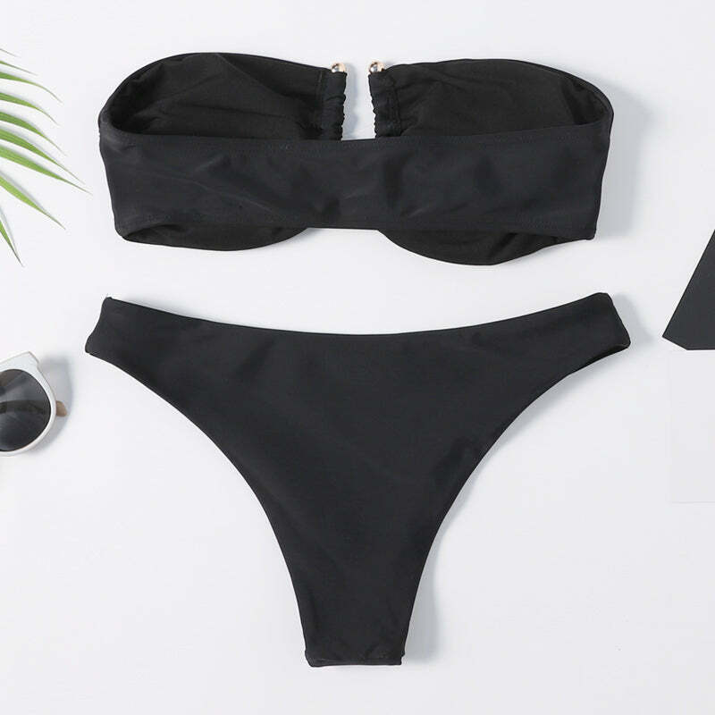Y2K Aesthetic Black Cut Out Bandeau Bikini - Retro Style Swimwear for Women