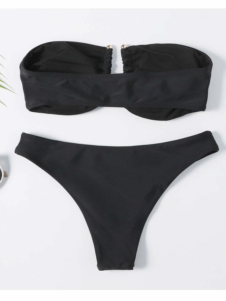 Y2K Aesthetic Black Cut Out Bandeau Bikini - Retro Style Swimwear for Women