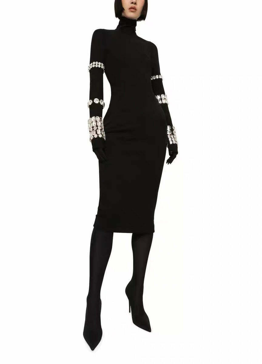 Y2K Aesthetic Black Diamond High Collar Long Sleeve Tight Dress