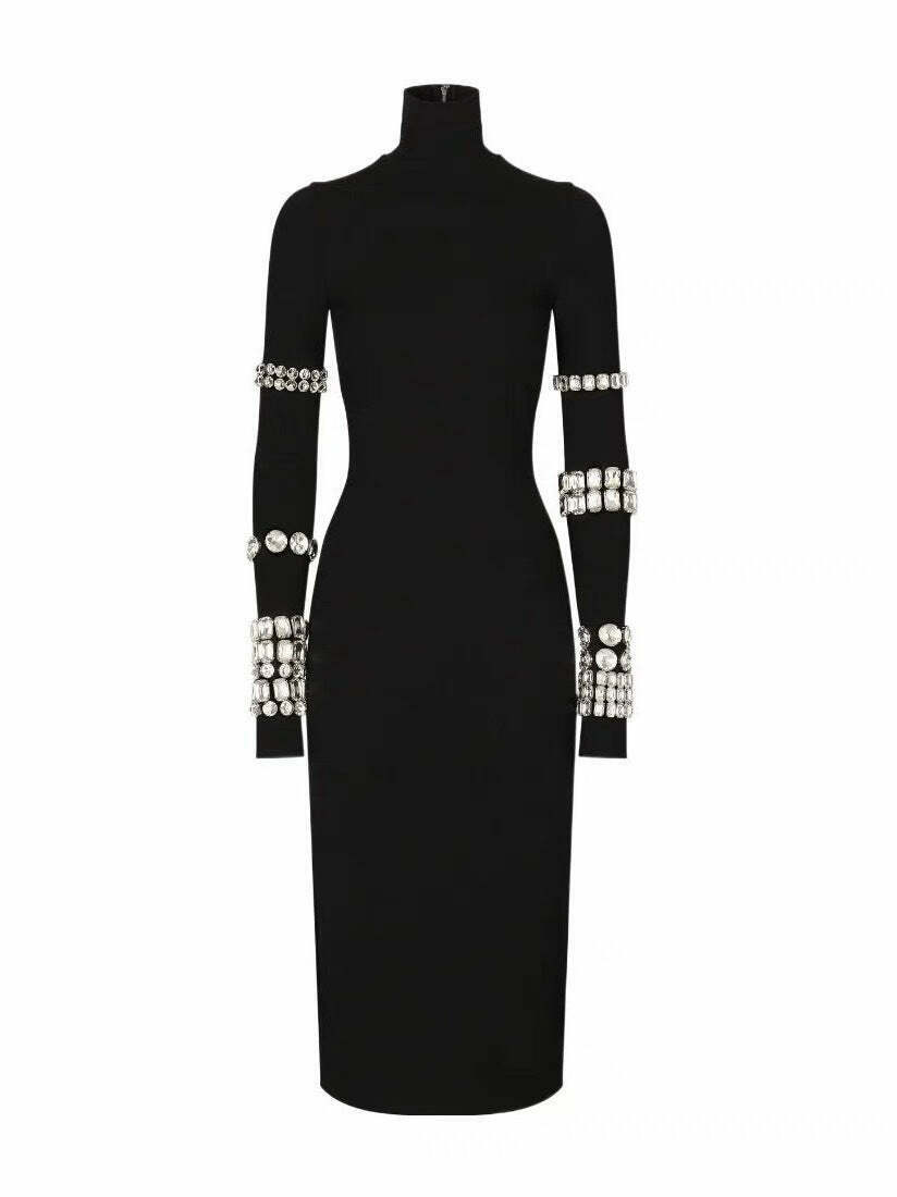 Y2K Aesthetic Black Diamond High Collar Long Sleeve Tight Dress