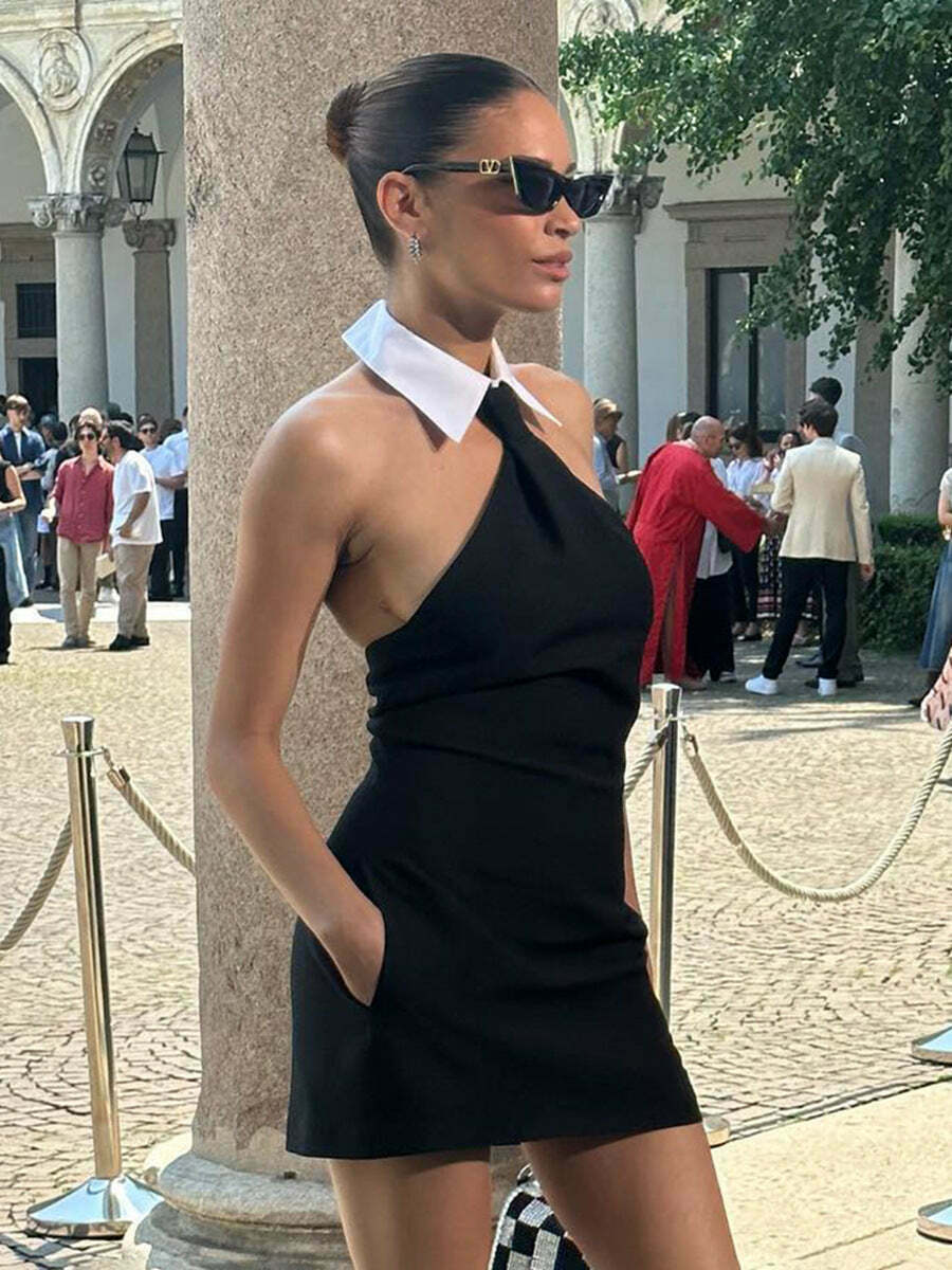 Y2K Aesthetic Black Fitted Dress with Shirt Collar - Coquette Style Grunge Fashion for Women