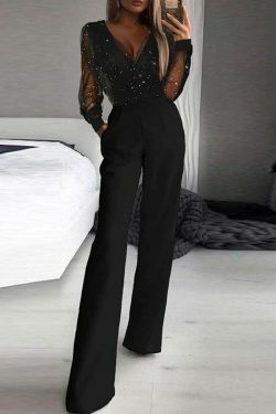 Y2K Aesthetic Black Jumpsuit with Mesh Powder Splicing - Coquette Style Grunge Fashion