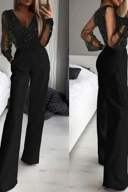 Y2K Aesthetic Black Jumpsuit with Mesh Powder Splicing - Coquette Style Grunge Fashion