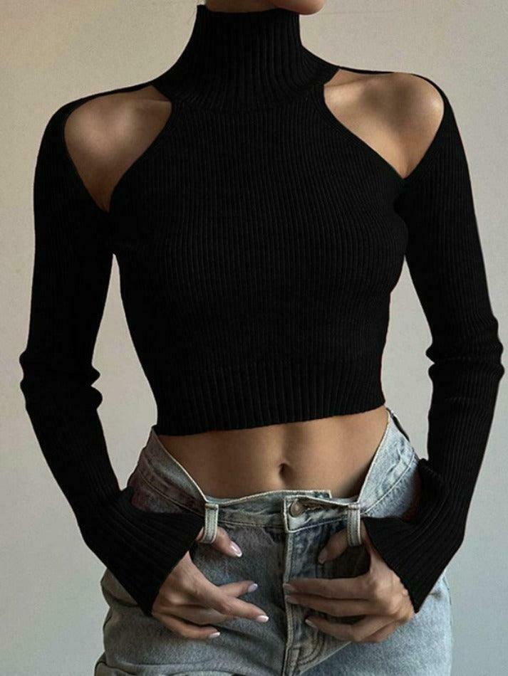 Y2K Aesthetic Black Knit Crop Top with Cold Shoulder - Coquette Style for Women's Fashion