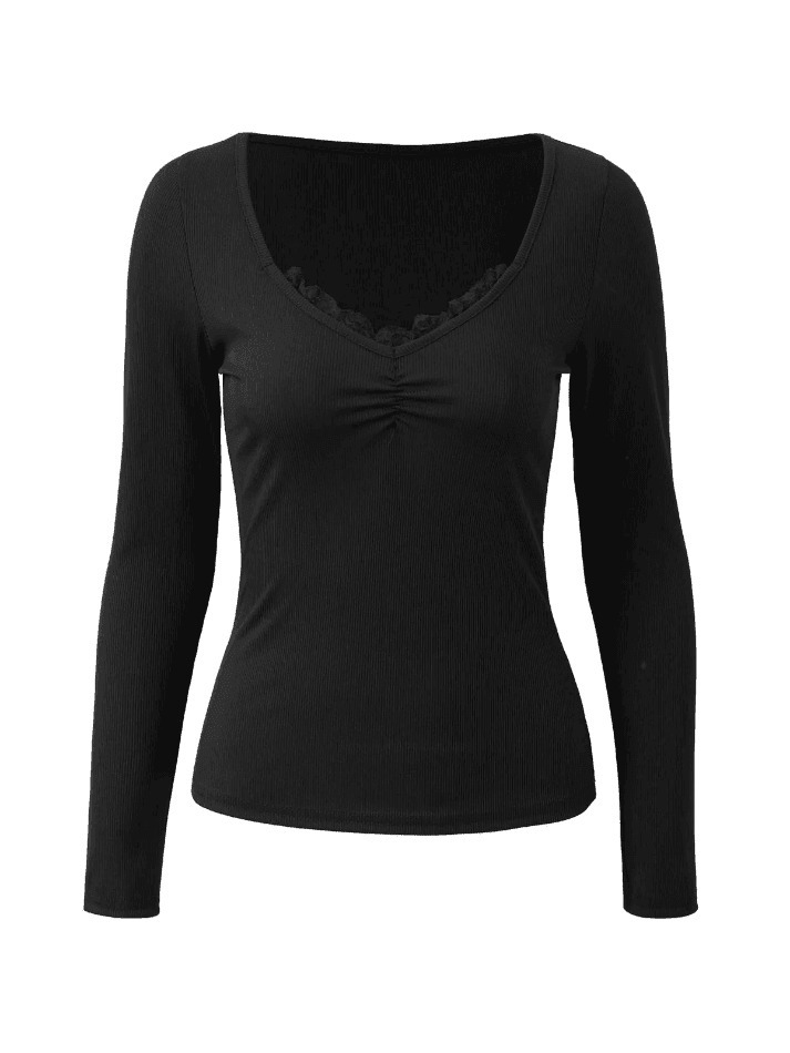 Y2K Aesthetic Black Lace Trim Long Sleeve Knit Top - Coquette & Grunge Style Women's Fashion
